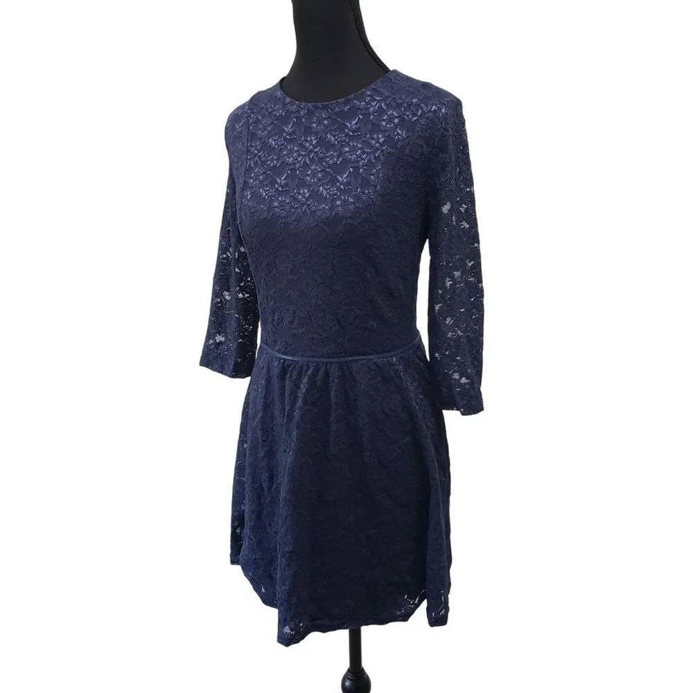 Victorias Secret Lace Dress Womens‎ Small Navy Blue Open Back 3/4 Sleeve Mini